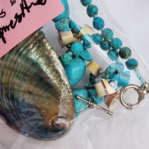 Hand Made Artisan Genuine Turquoise Blue Stone Abalone shell boho beach NECKLACE - Picture 2 of 12